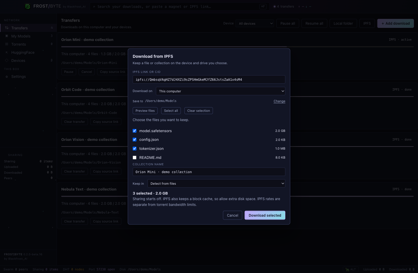 IPFS file selection in AEON Orbit.